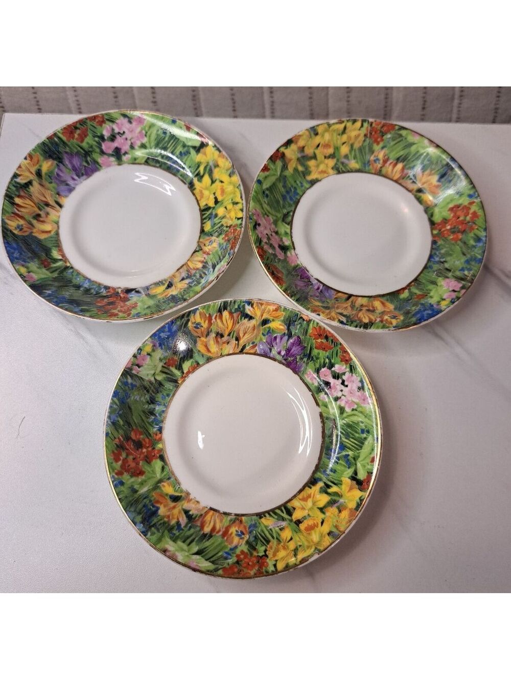 Vintage Set of 3 Paragon Fine Bone China Springtime Demitasse Saucers 4.5"